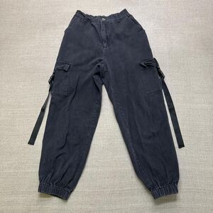 Black 2000's y2k grunge denim cargo pants elastic waist buckles and straps